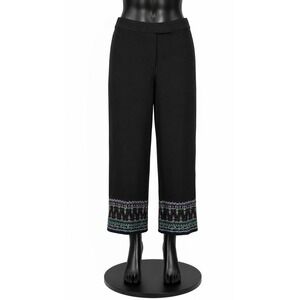 Jillian‎ Jones Womens Capri Cropped Pants Size 10 Black Linen Embroidered Hem